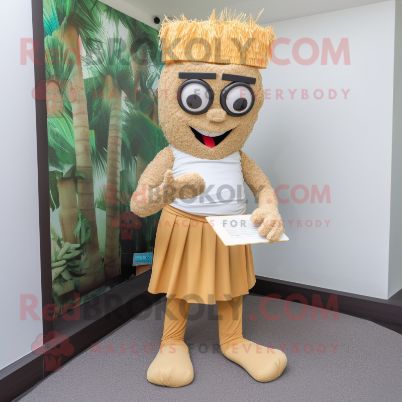 Tan Pad Thai mascot costume character dressed with a Trousers and Reading glasses Tan Pad Thai mascot costume character dressed with a Trousers and Reading glasses
