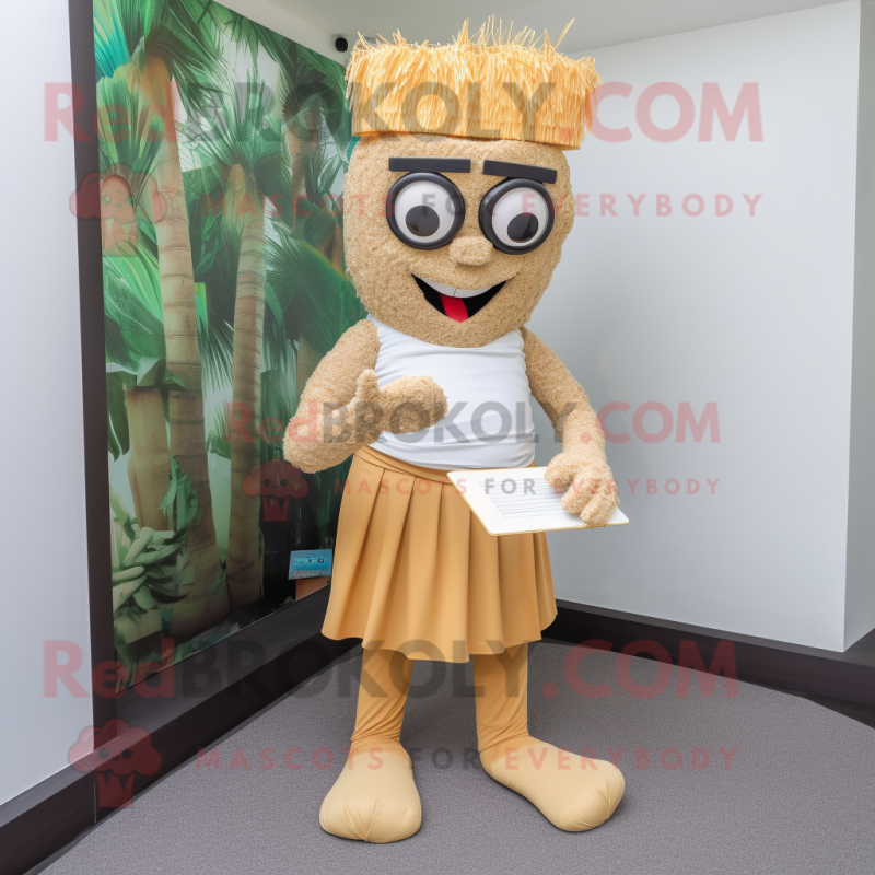 Tan Pad Thai mascot costume character dressed with a Trousers and Reading glasses