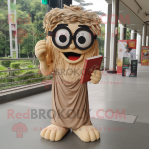 Tan Pad Thai mascot costume character dressed with a Trousers and Reading glasses