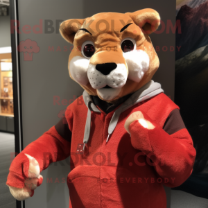 Red Mountain Lion mascot costume character dressed with a Sweater and Suspenders
