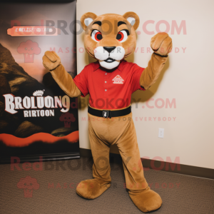 Red Mountain Lion mascot costume character dressed with a Sweater and Suspenders