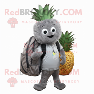 Gray Pineapple mascot costume character dressed with a V-Neck Tee and Backpacks