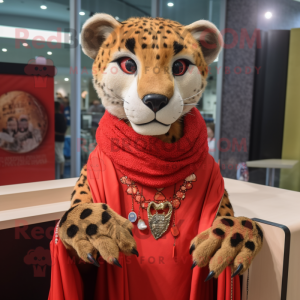 Red Cheetah mascot costume character dressed with a Cover-up and Necklaces
