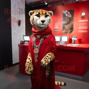 Red Cheetah mascot costume character dressed with a Cover-up and Necklaces