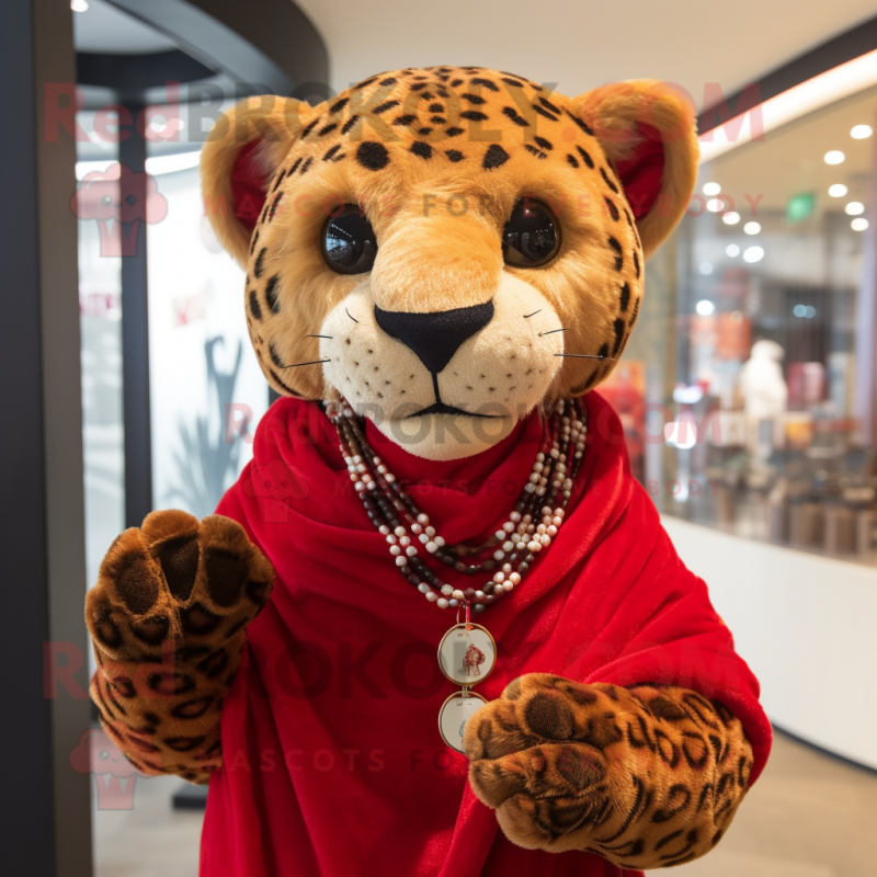Red Cheetah mascot costume character dressed with a Cover-up and Necklaces Red Cheetah mascot costume character dressed with a Cover-up and Necklaces