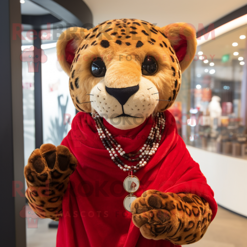 Red Cheetah mascot costume character dressed with a Cover-up and Necklaces