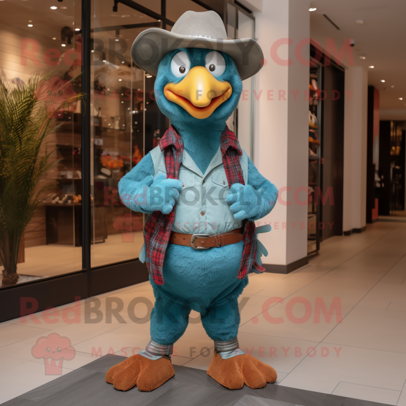 Teal Turkey mascot costume character dressed with a Boyfriend Jeans and Belts Teal Turkey mascot costume character dressed with a Boyfriend Jeans and Belts