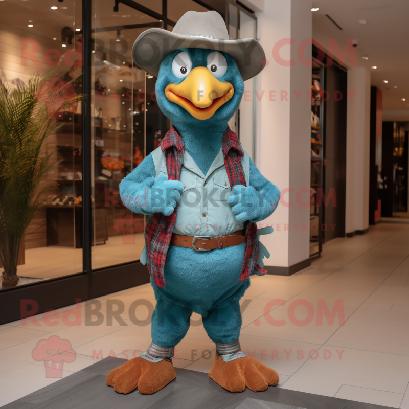 Teal Turkey mascot costume character dressed with a Boyfriend Jeans and Belts