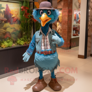 Teal Turkey mascot costume character dressed with a Boyfriend Jeans and Belts