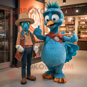 Teal Turkey mascot costume character dressed with a Boyfriend Jeans and Belts