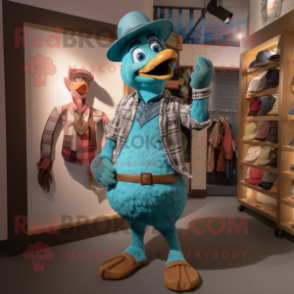 Teal Turkey mascot costume character dressed with a Boyfriend Jeans and Belts