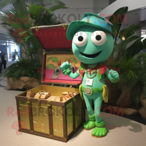 Green Treasure Chest mascot costume character dressed with a One-Piece Swimsuit and Keychains
