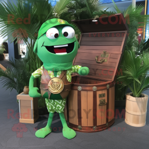 Green Treasure Chest mascot costume character dressed with a One-Piece Swimsuit and Keychains