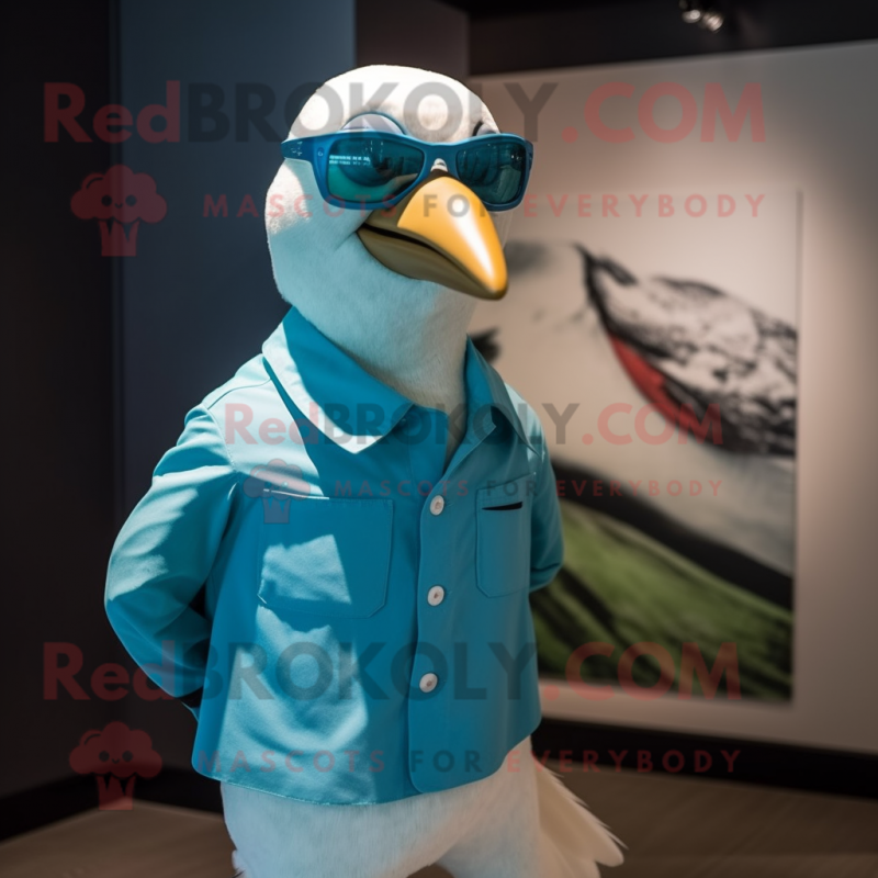 Cyan Gull mascot costume character dressed with a Turtleneck and Sunglasses Cyan Gull mascot costume character dressed with a Turtleneck and Sunglasses
