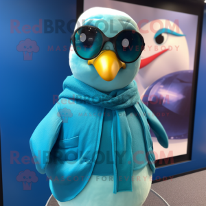 Cyan Gull mascot costume character dressed with a Turtleneck and Sunglasses