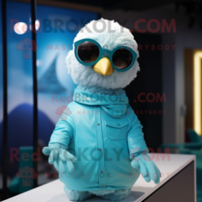 Cyan Gull mascot costume character dressed with a Turtleneck and Sunglasses