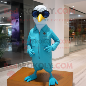 Cyan Gull mascot costume character dressed with a Turtleneck and Sunglasses