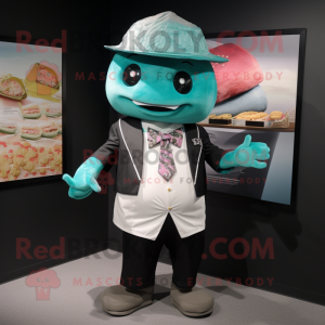 Teal Sushi mascot costume character dressed with a Graphic Tee and Tie pins