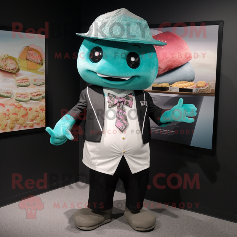 Teal Sushi mascot costume character dressed with a Graphic Tee and Tie pins Teal Sushi mascot costume character dressed with a Graphic Tee and Tie pins