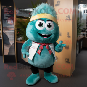 Teal Sushi mascot costume character dressed with a Graphic Tee and Tie pins