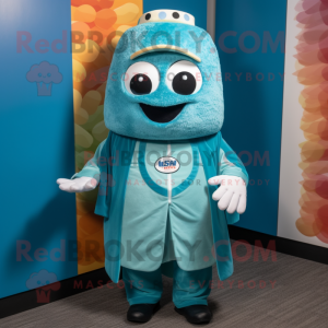 Teal Sushi mascot costume character dressed with a Graphic Tee and Tie pins