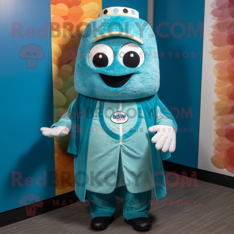 Teal Sushi mascot costume character dressed with a Graphic Tee and Tie pins Teal Sushi mascot costume character dressed with a Graphic Tee and Tie pins