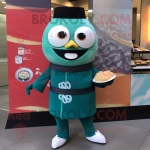 Teal Sushi mascot costume character dressed with a Graphic Tee and Tie pins