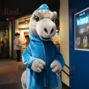 Blue Camel mascot costume character dressed with a Sweatshirt and Wraps