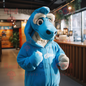 Blue Camel mascot costume character dressed with a Sweatshirt and Wraps