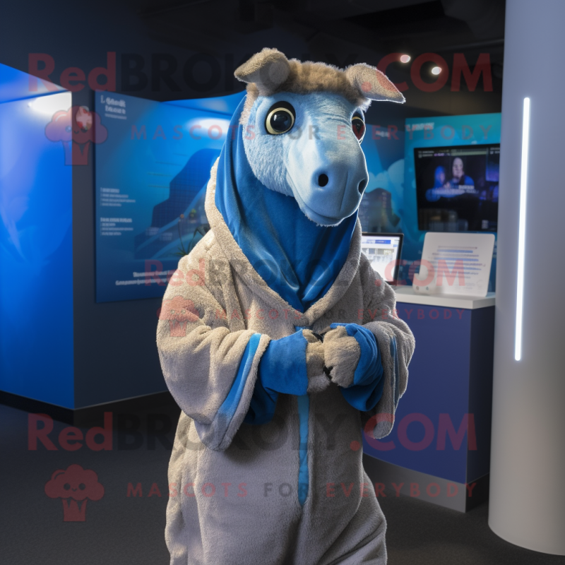 Blue Camel mascot costume character dressed with a Sweatshirt and Wraps