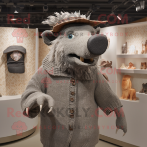 Gray Wild Boar mascot costume character dressed with a Sweater and Hat pins