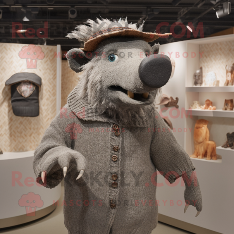Gray Wild Boar mascot costume character dressed with a Sweater and Hat pins Gray Wild Boar mascot costume character dressed with a Sweater and Hat pins