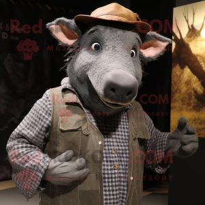 Gray Wild Boar mascot costume character dressed with a Sweater and Hat pins