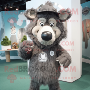 Gray Wild Boar mascot costume character dressed with a Sweater and Hat pins