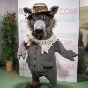 Gray Wild Boar mascot costume character dressed with a Sweater and Hat pins