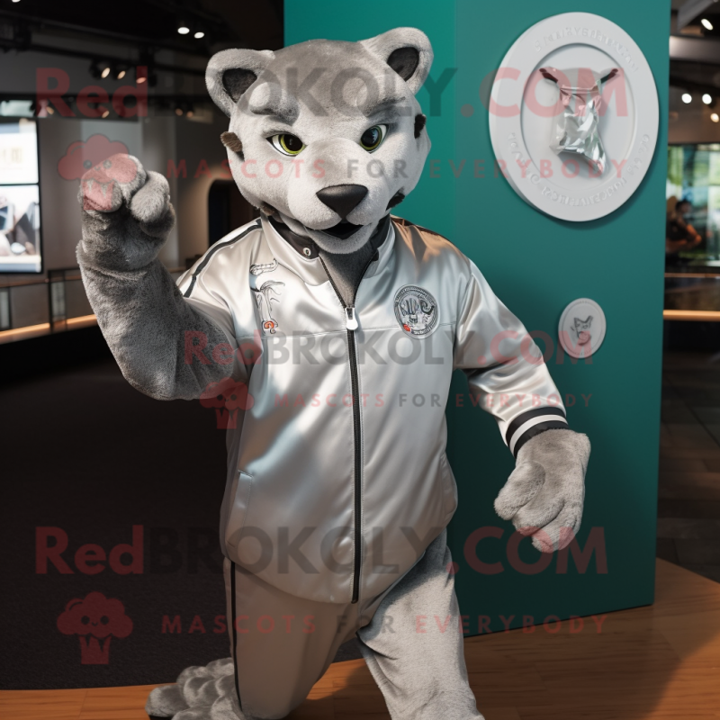 Silver Puma mascot costume character dressed with a Windbreaker and Cufflinks Silver Puma mascot costume character dressed with a Windbreaker and Cufflinks