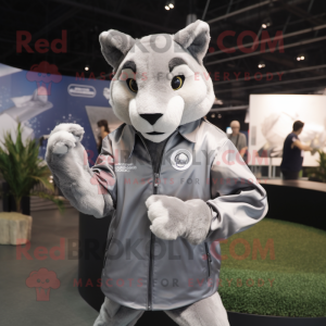 Silver Puma mascot costume character dressed with a Windbreaker and Cufflinks