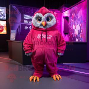Magenta Owl mascot costume character dressed with a Sweatshirt and Gloves