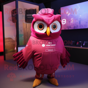 Magenta Owl mascot costume character dressed with a Sweatshirt and Gloves
