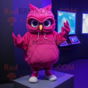 Magenta Owl mascot costume character dressed with a Sweatshirt and Gloves