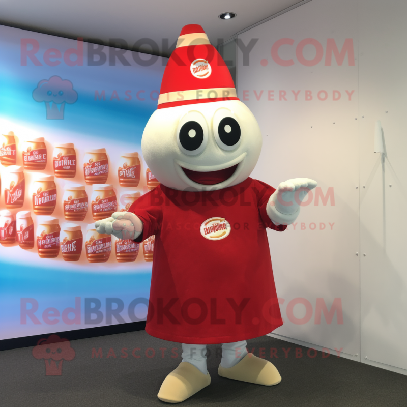 Cream Bottle Of Ketchup mascot costume character dressed with a Polo Tee and Bracelet watches Cream Bottle Of Ketchup mascot costume character dressed with a Polo Tee and Bracelet watches