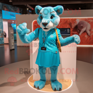 Turquoise Puma mascot costume character dressed with a Mini Skirt and Handbags