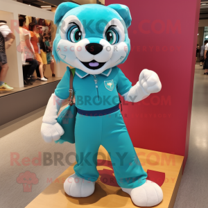 Turquoise Puma mascot costume character dressed with a Mini Skirt and Handbags