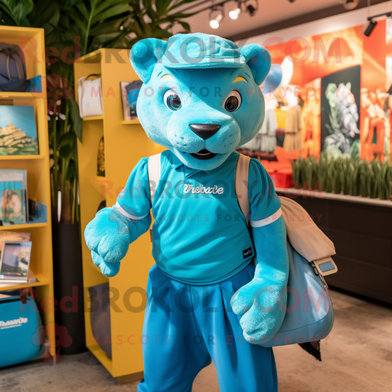 Turquoise Puma mascot costume character dressed with a Mini Skirt and Handbags