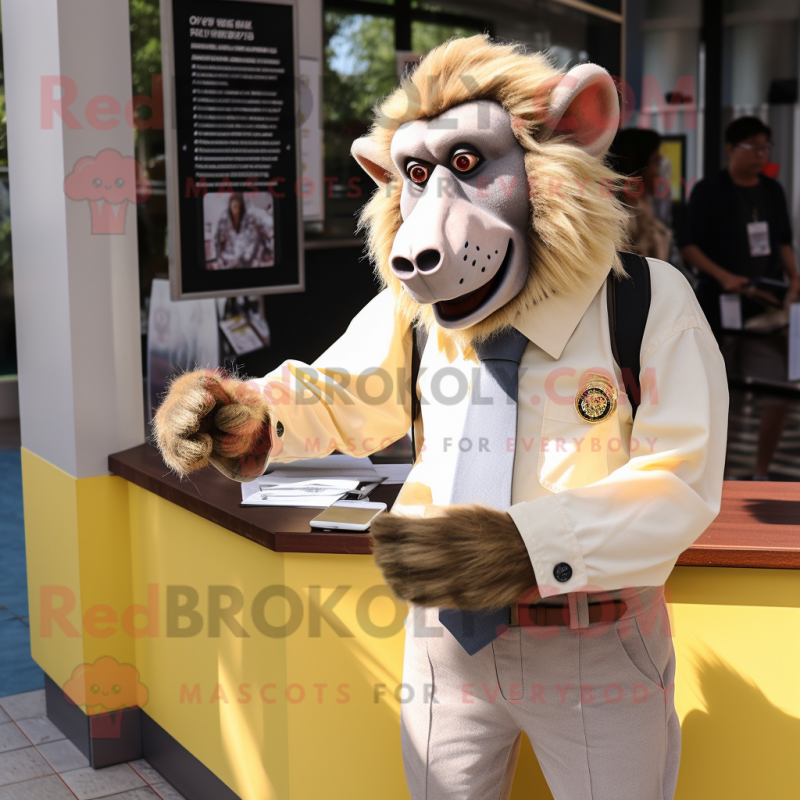 Cream Baboon mascot costume character dressed with a Oxford Shirt and Wallets