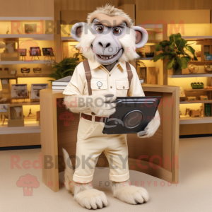 Cream Baboon mascot costume character dressed with a Oxford Shirt and Wallets