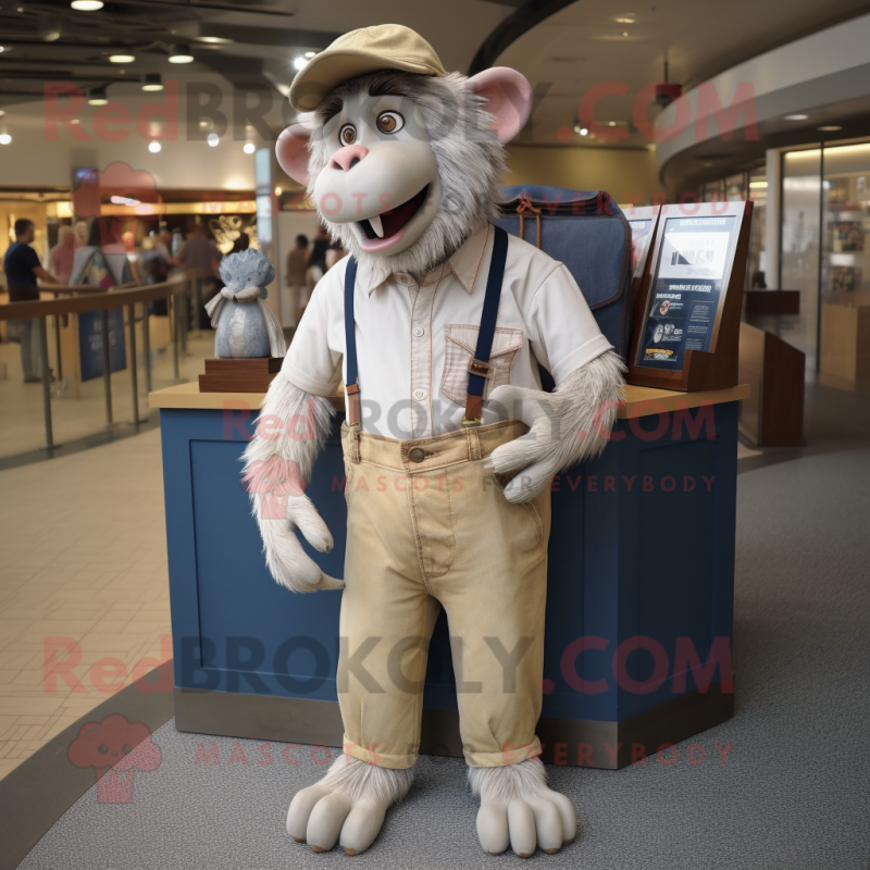 Cream Baboon mascot costume character dressed with a Oxford Shirt and Wallets