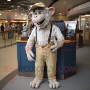Cream Baboon mascot costume character dressed with a Oxford Shirt and Wallets