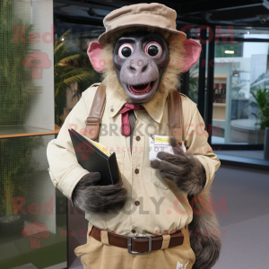 Cream Baboon mascot costume character dressed with a Oxford Shirt and Wallets