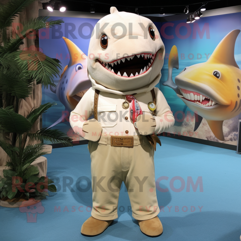 Beige Shark mascot costume character dressed with a Corduroy Pants and Necklaces Beige Shark mascot costume character dressed with a Corduroy Pants and Necklaces